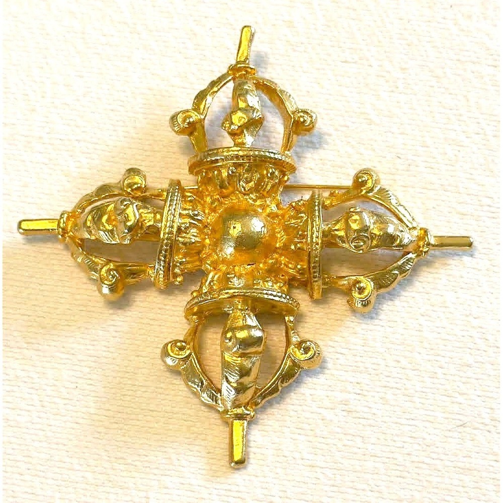 Vintage Kenneth Jay Lane KJL Double Vajra Vishvavajra Gold Tone Buddhist Brooch